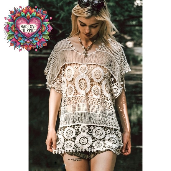 Tops - Cream Crochet Geometric Pattern Sheer Layering Tunic Top